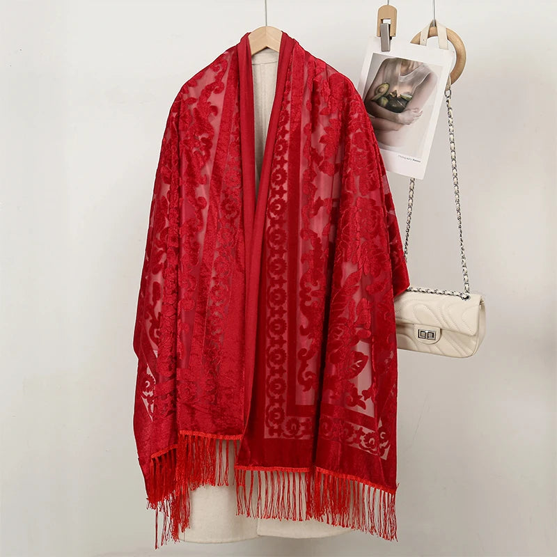 Hollow Lace Gradient Flower Silk Scarf