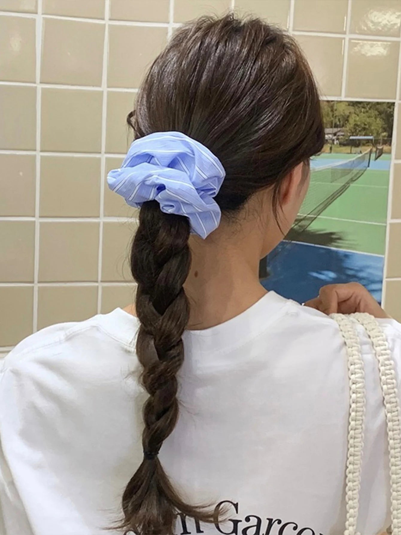 New Scrunchies Striped Blue Color Large Size Hair Ties