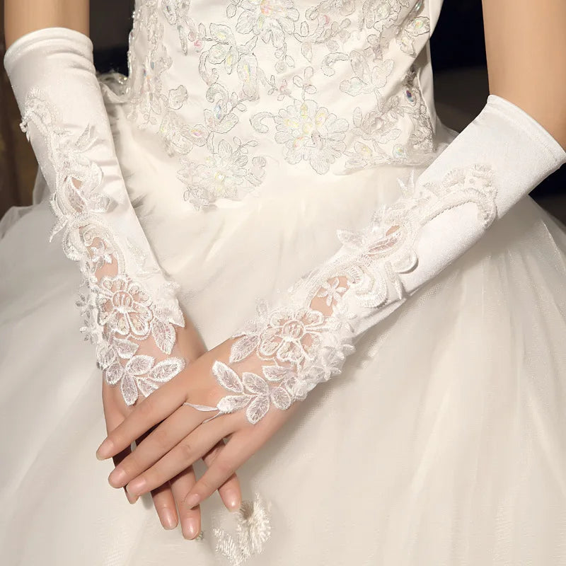 Elbow Length Embellished Bridal Ivory Fingerless gloves