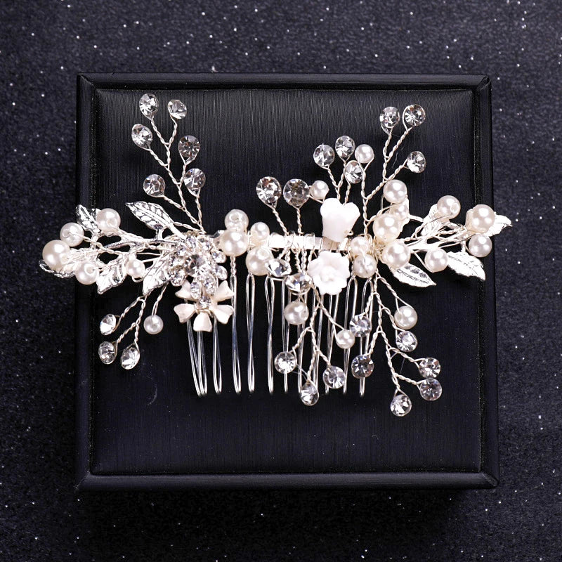 Silver Color Flower Pearl Crystal Wedding Hair Comb