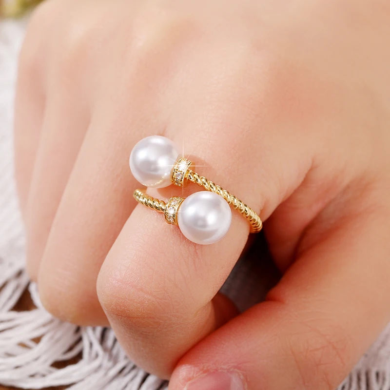 Temperament Double Imitation Pearl Open Ring