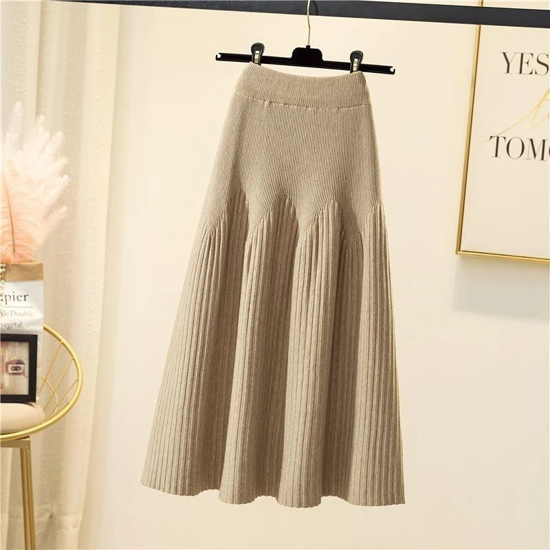 Knitted Midi Skirts Women High Waist