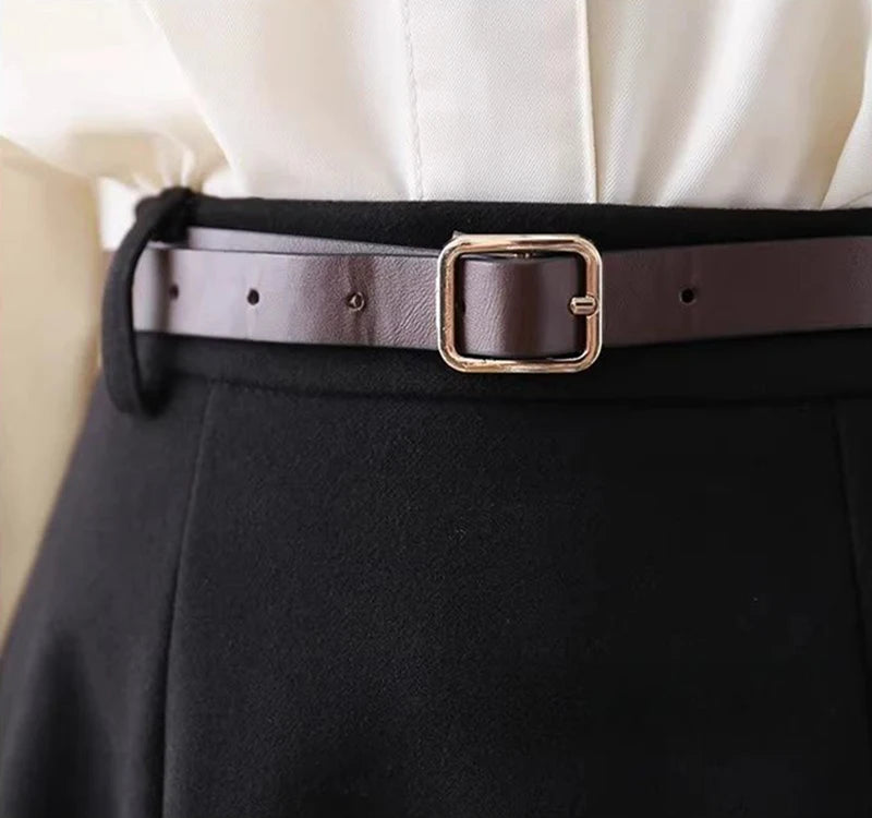 Vintage Belt Woolen Midi Skirt