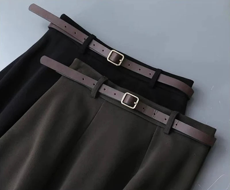 Vintage Belt Woolen Midi Skirt