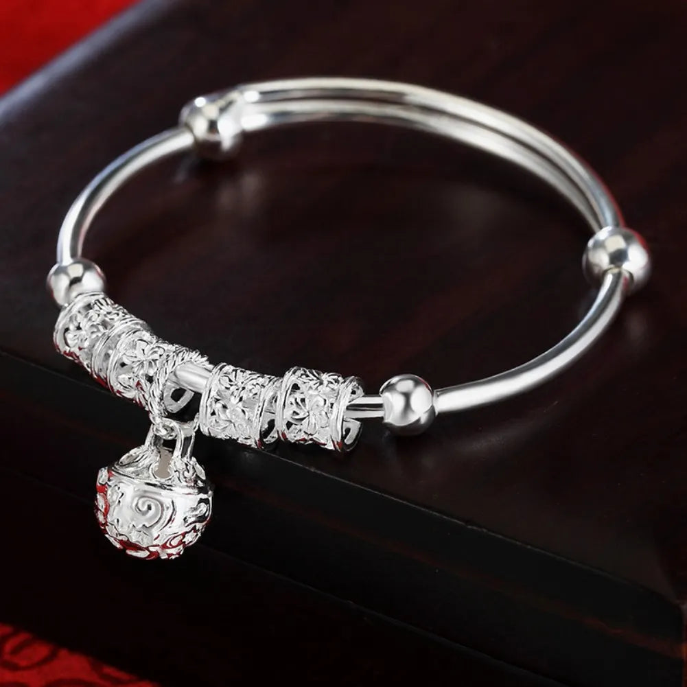 Fine Silver Color Hollow Bells Ball Bangles Adjustable Bracelets