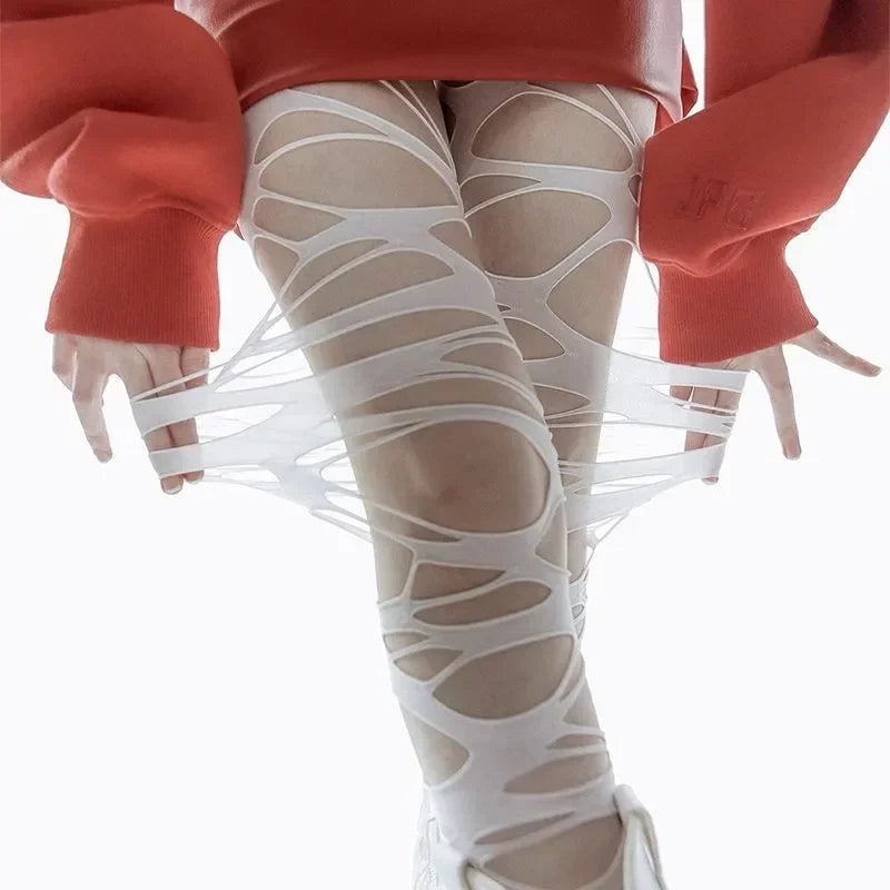 Fashion Punk Torn Strap Holes Tights