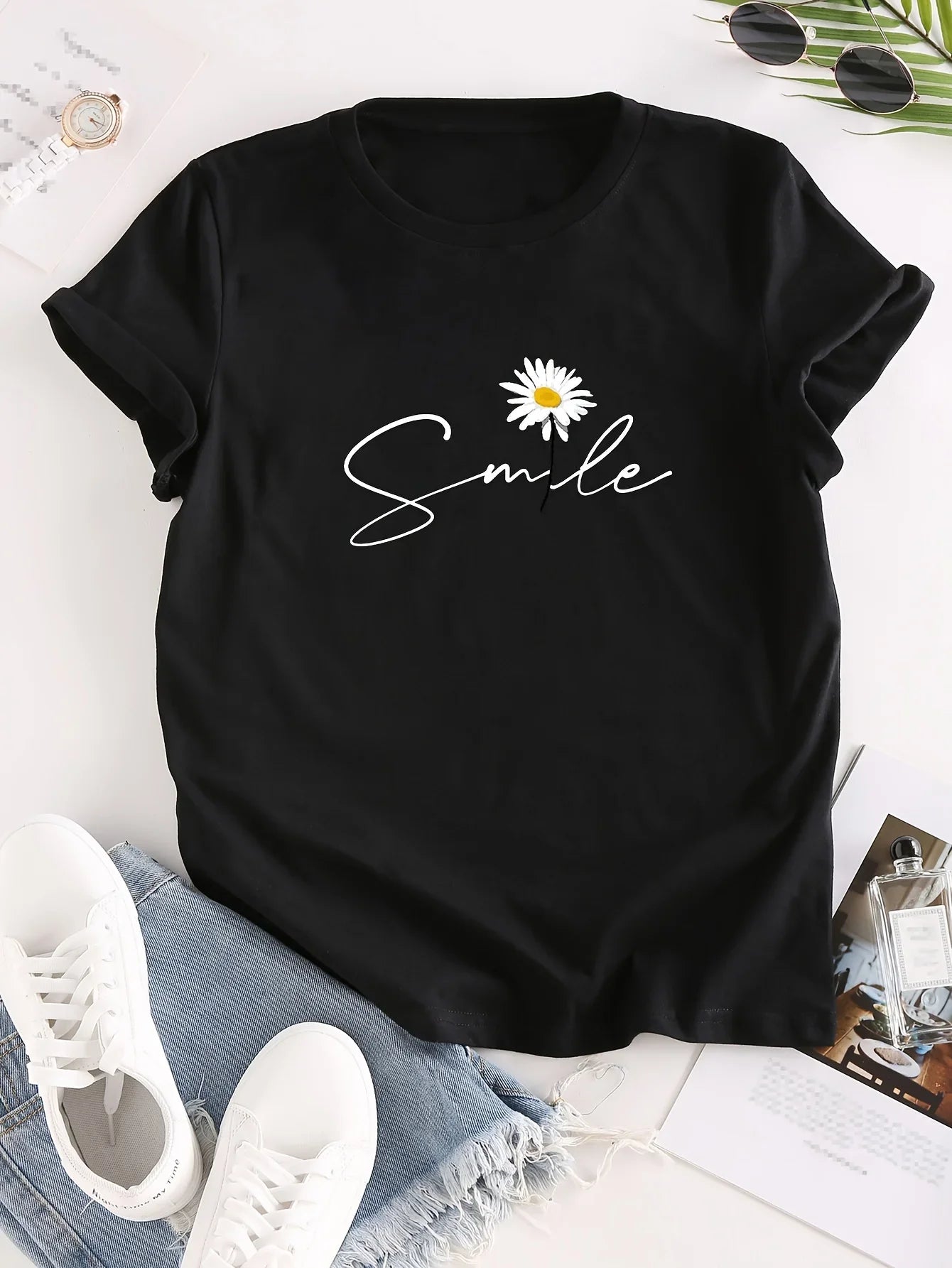 Flower & Letter Print Crew Neck T-Shirt