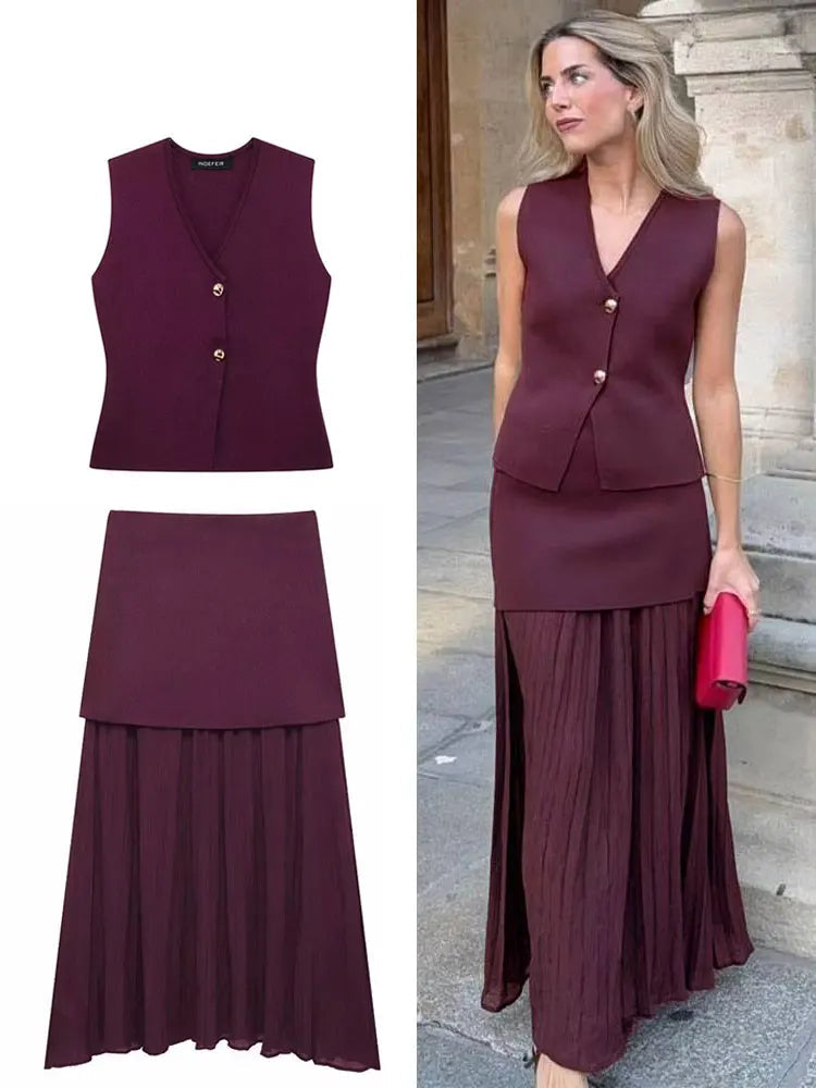 2-Piece Set V-Neck Sleeveless Button Knitted Vest Top, Long Skirt