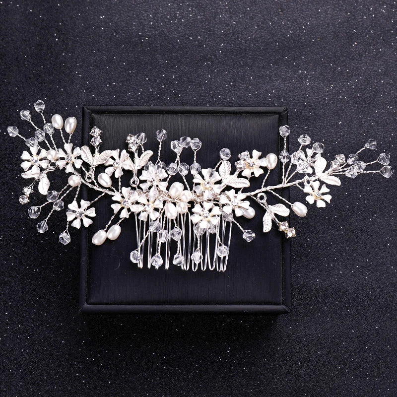 Silver Color Flower Pearl Crystal Wedding Hair Comb