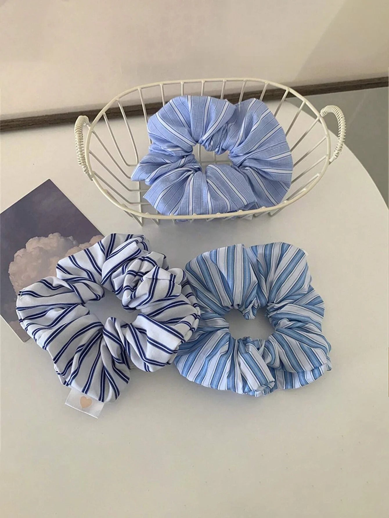 New Scrunchies Striped Blue Color Large Size Hair Ties