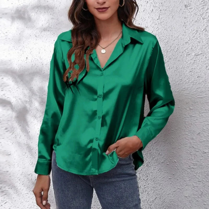 Spring Satin Shirt Women Loose Button Up Blouse