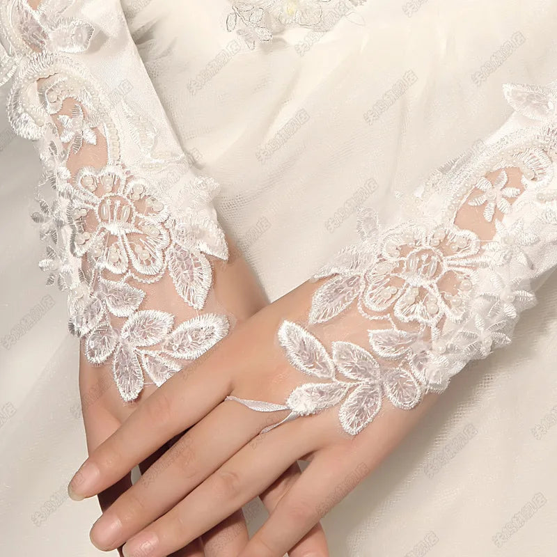 Elbow Length Embellished Bridal Ivory Fingerless gloves