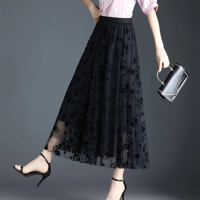 Floral Loose Midi Skirt Elegant Mesh Skirts