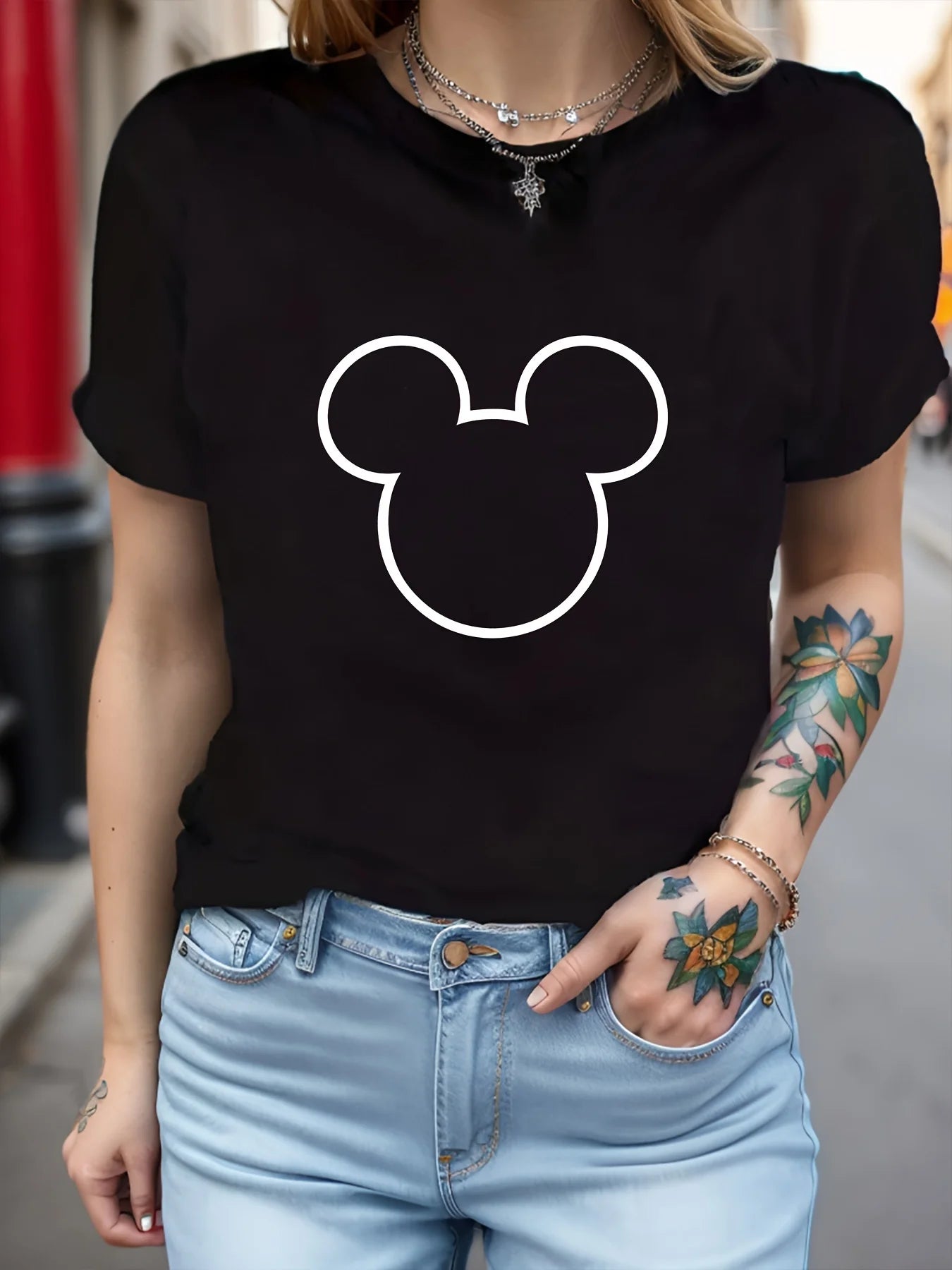 Cartoon Mouse Graphic Crew Neck Short Sleeves T-shirt