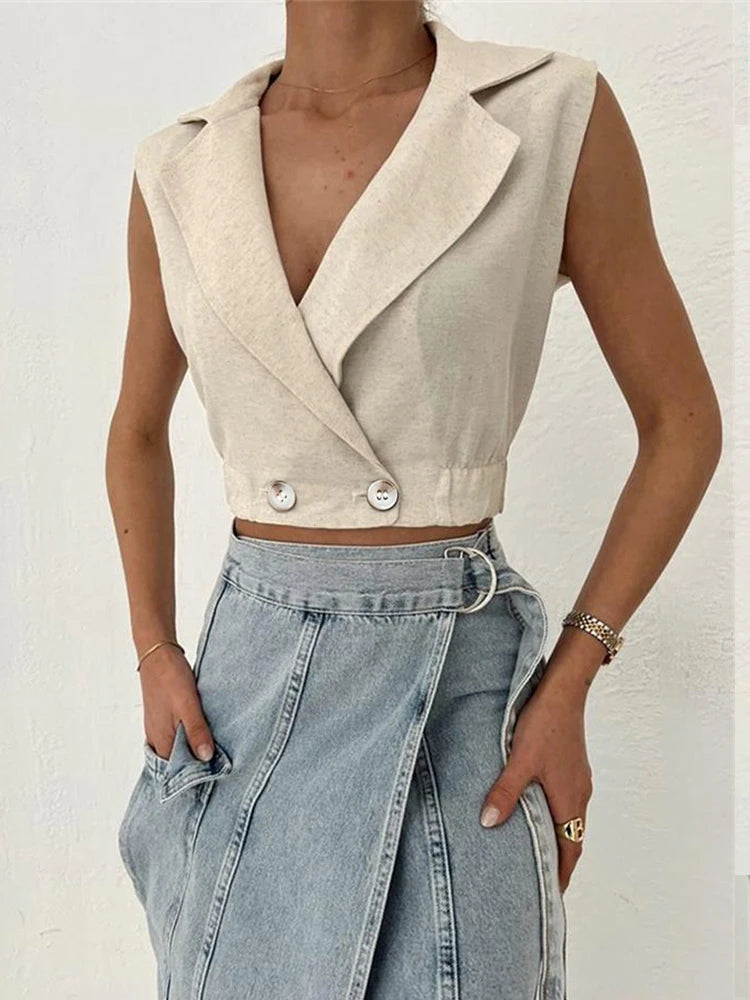 Khaki Linen Tank Tops Sleeveless V-neck Vest Crop