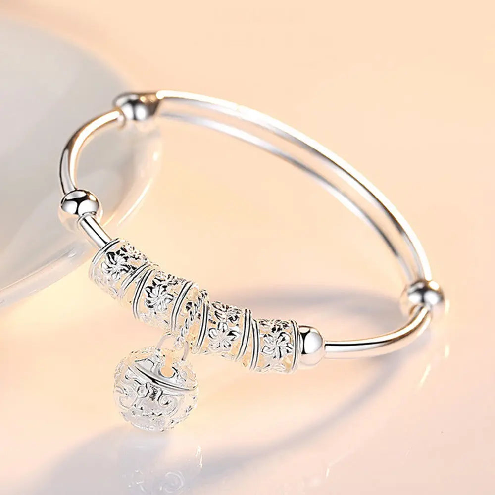 Fine Silver Color Hollow Bells Ball Bangles Adjustable Bracelets