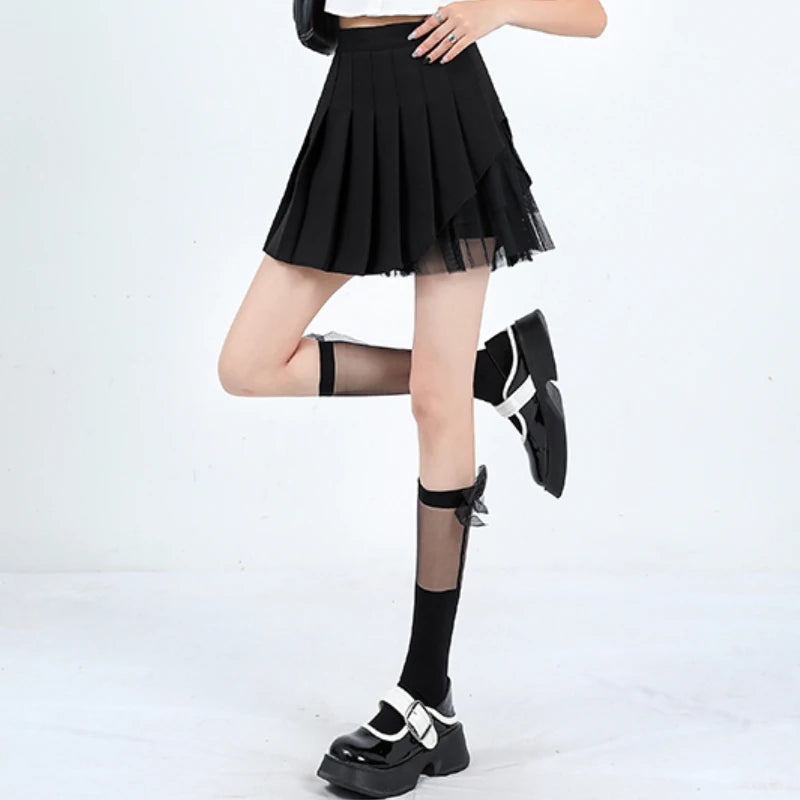 Korean Style Holiday Outfits With Mesh White Mini Pleated Skirts