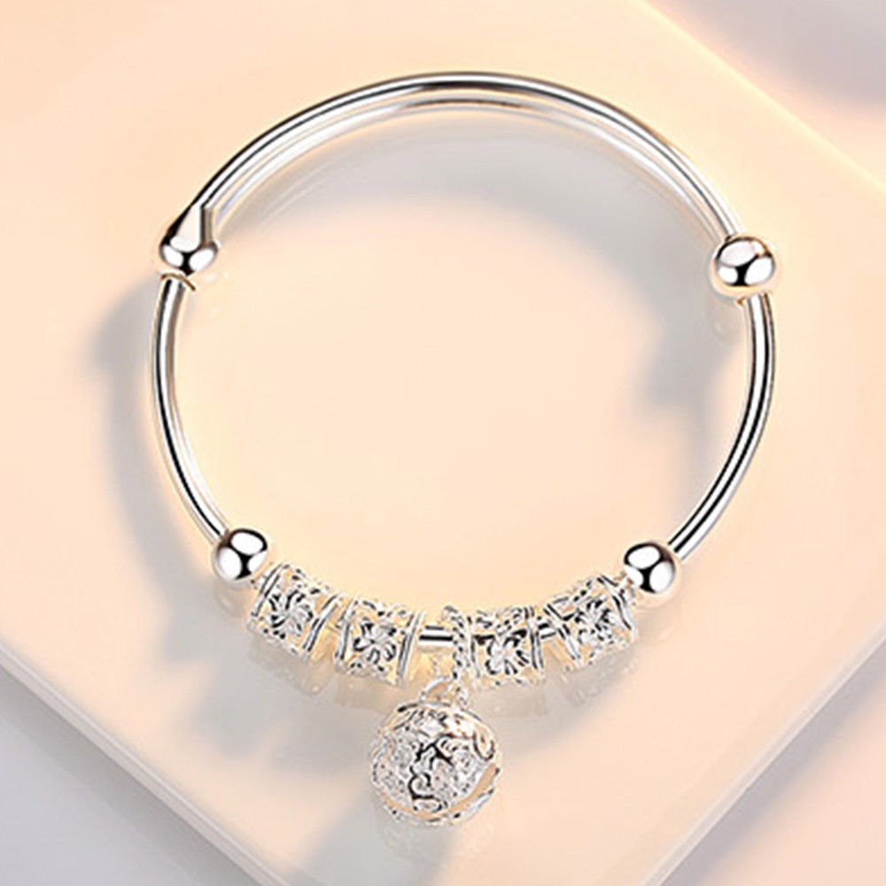 Fine Silver Color Hollow Bells Ball Bangles Adjustable Bracelets