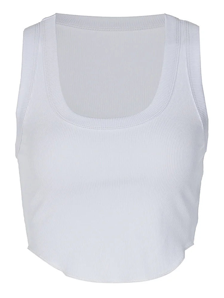 Ribbed Square Neck White Sexy Tank Top