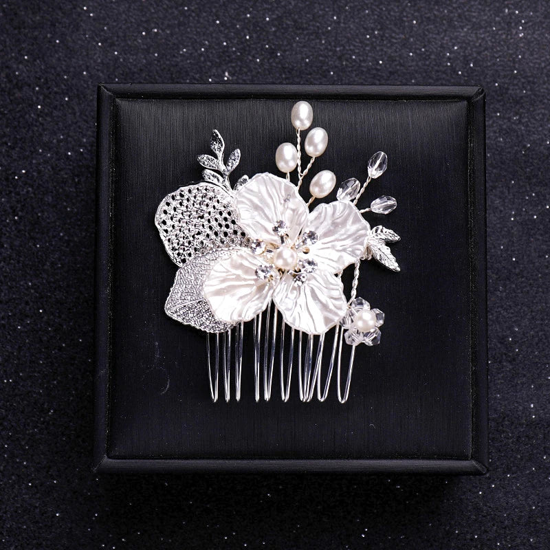 Silver Color Flower Pearl Crystal Wedding Hair Comb