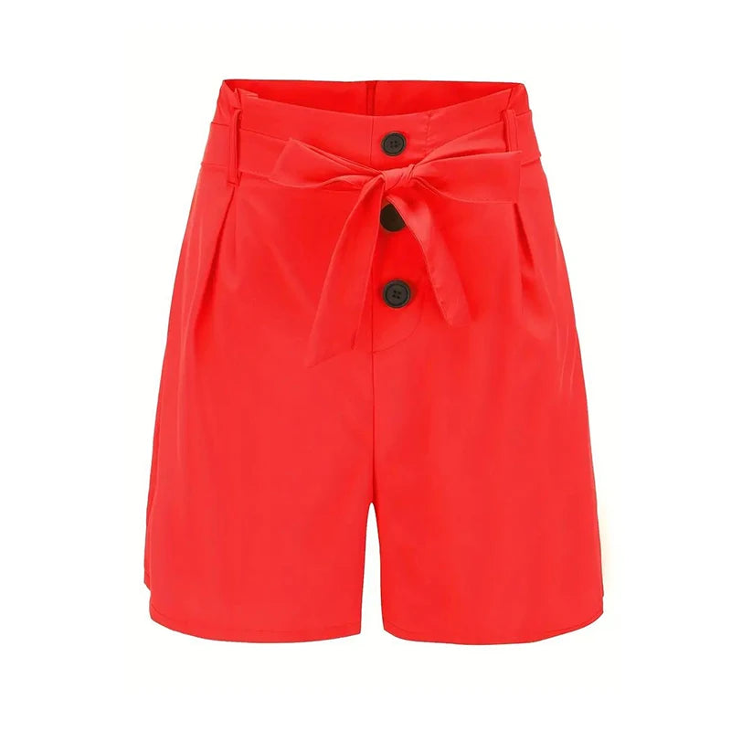 Solid Button Front Shorts Tie Waist