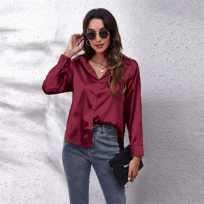 Spring Satin Shirt Women Loose Button Up Blouse