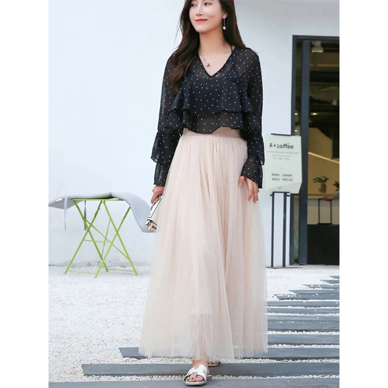 High Waist Mesh Pleated Skirts