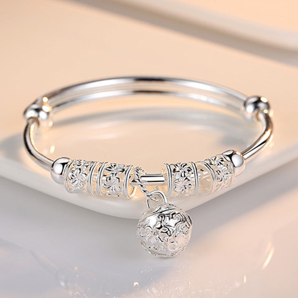 Fine Silver Color Hollow Bells Ball Bangles Adjustable Bracelets