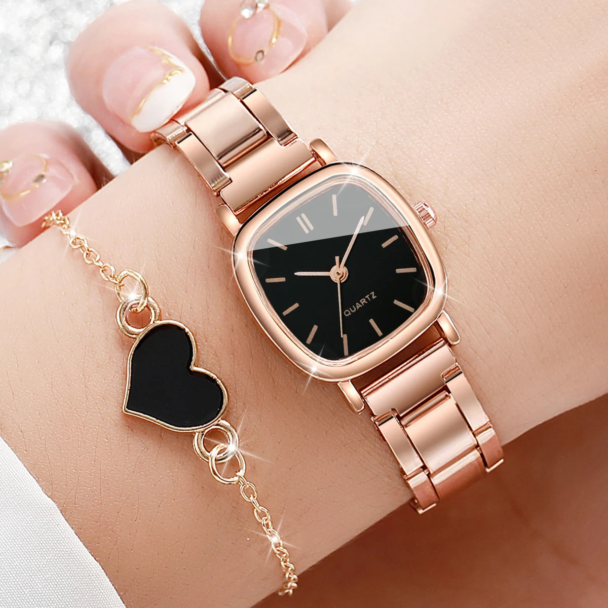 Stainless Steel Band Quartz Watch Heart Bracelet Set