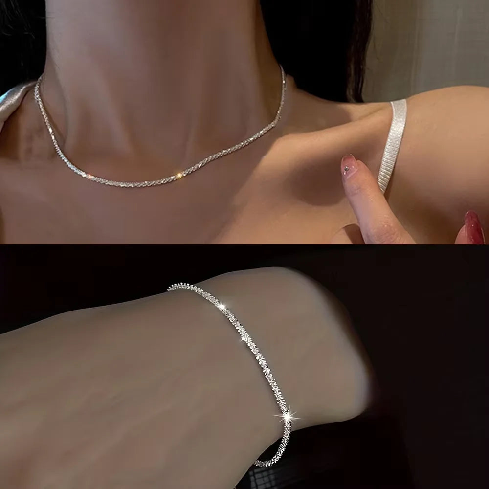 2pcs Set Shiny Sparkling Silver Plated Clavicle Chain Necklace Bracelet