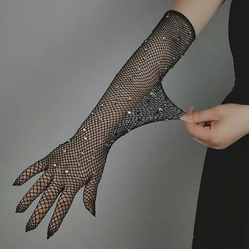 Sexy Elastic Rhinestones Mesh Gloves