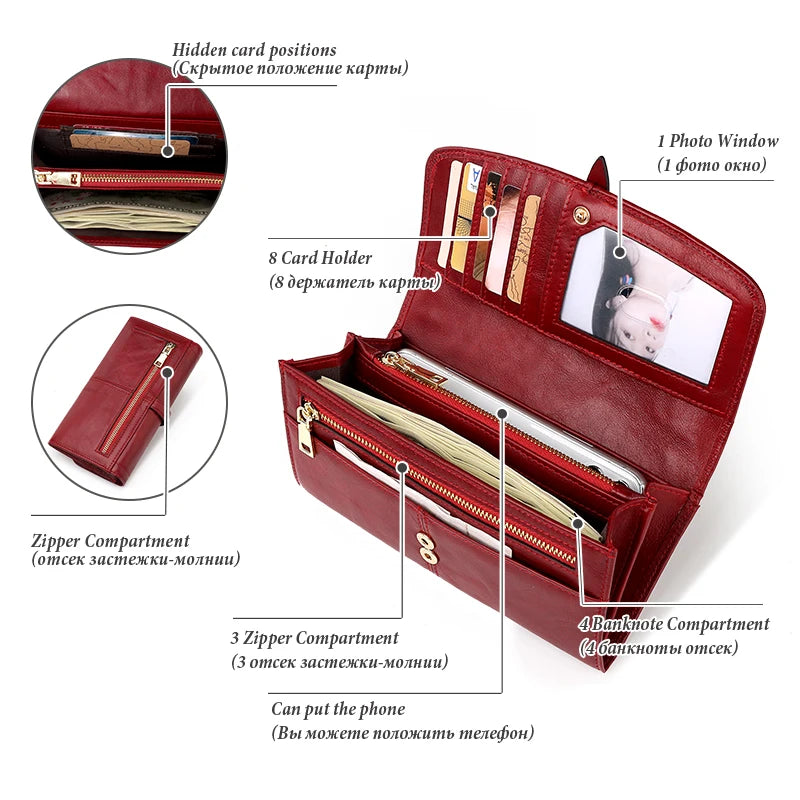 Women's Genuine Leather Wallet Classic Long Wallets with Zipper