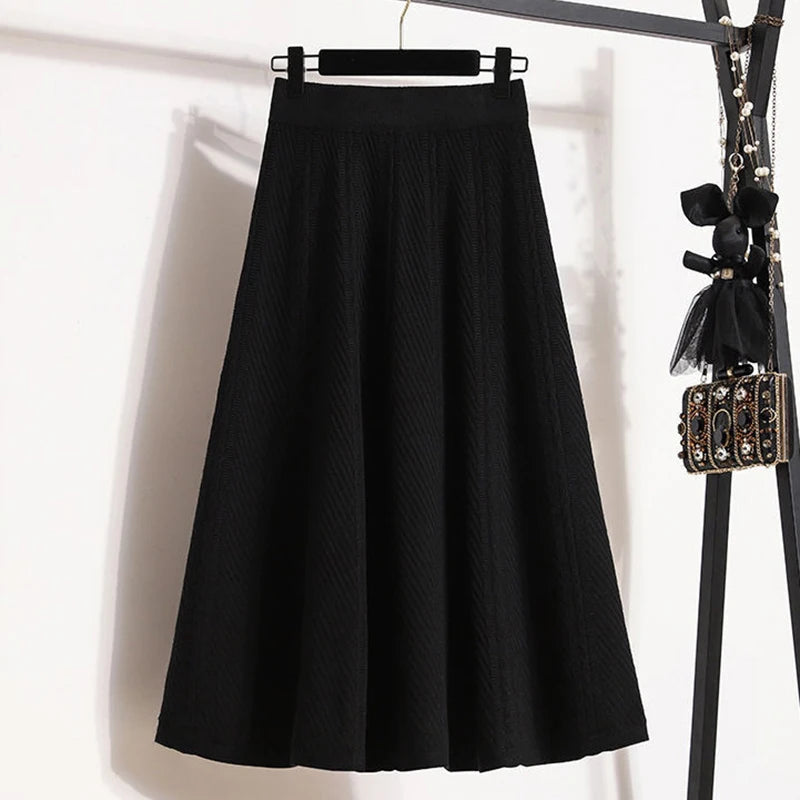 Vintage Knitted Midi Skirt Women Korean High Waist