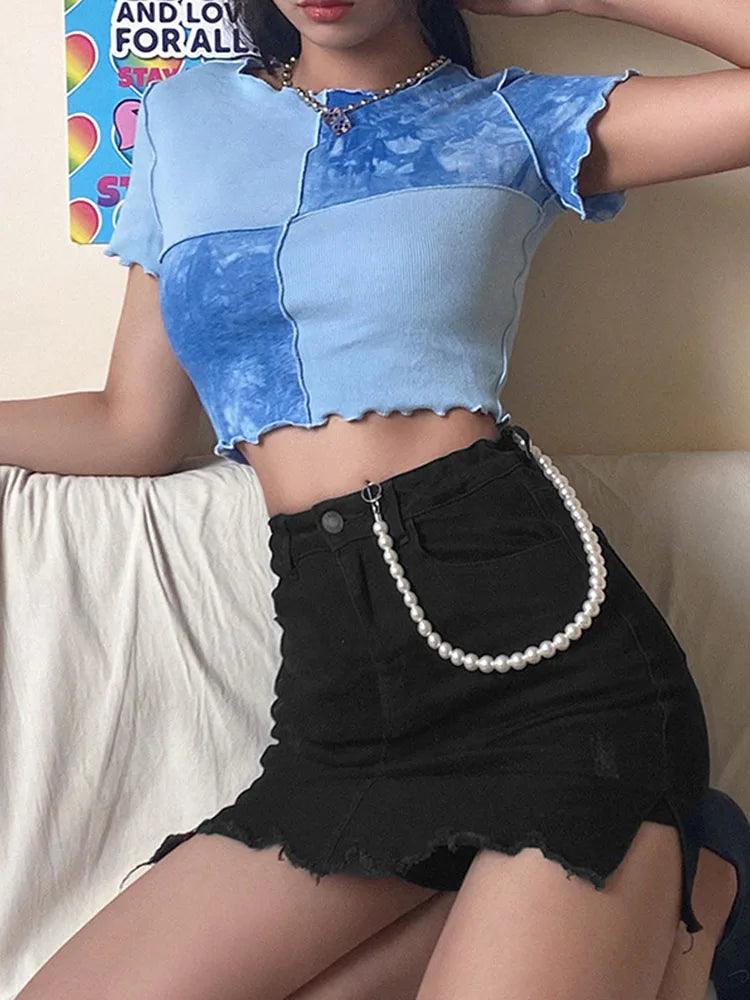 Chic Crop Tops With Sequin Patchwork T-shirts