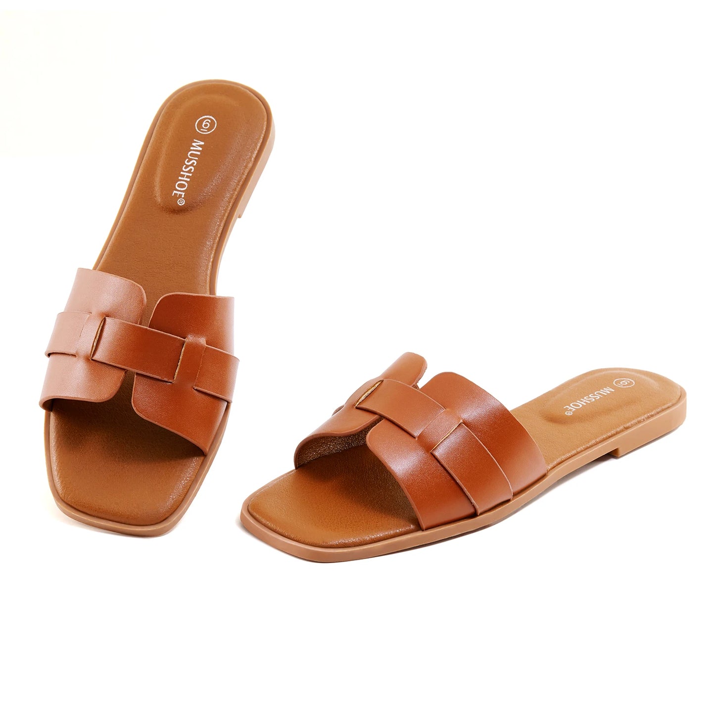 Square Toe Flat Slippers Women Wide Fit Leather Slides