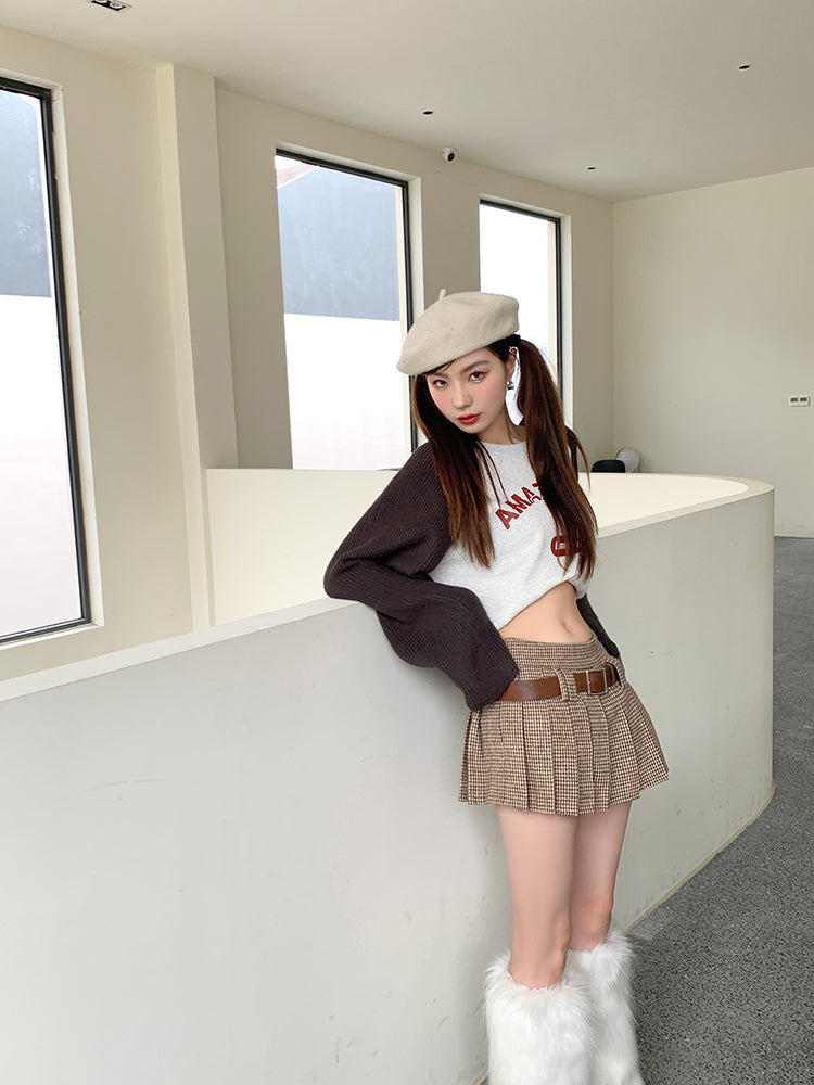 Low Rise Houndstooth Mini Skirt with Belt