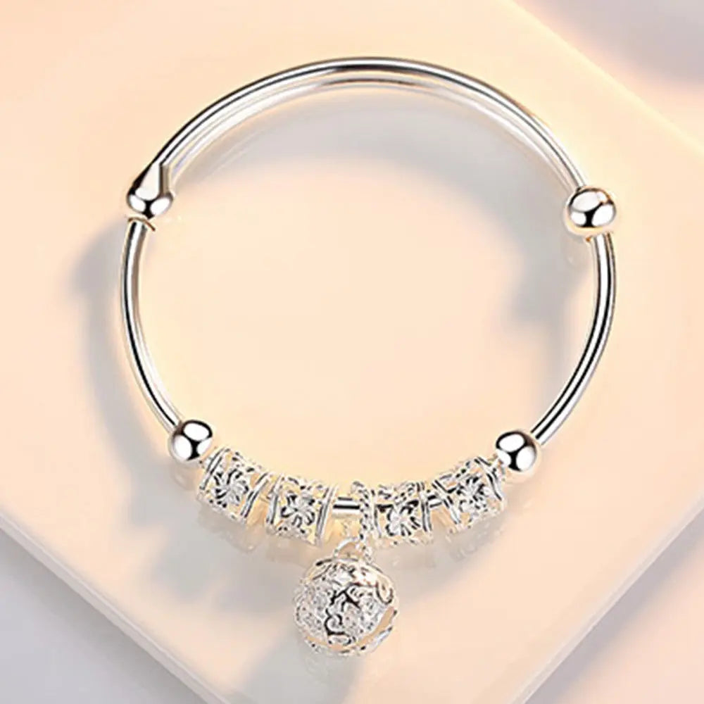 Fine Silver Color Hollow Bells Ball Bangles Adjustable Bracelets