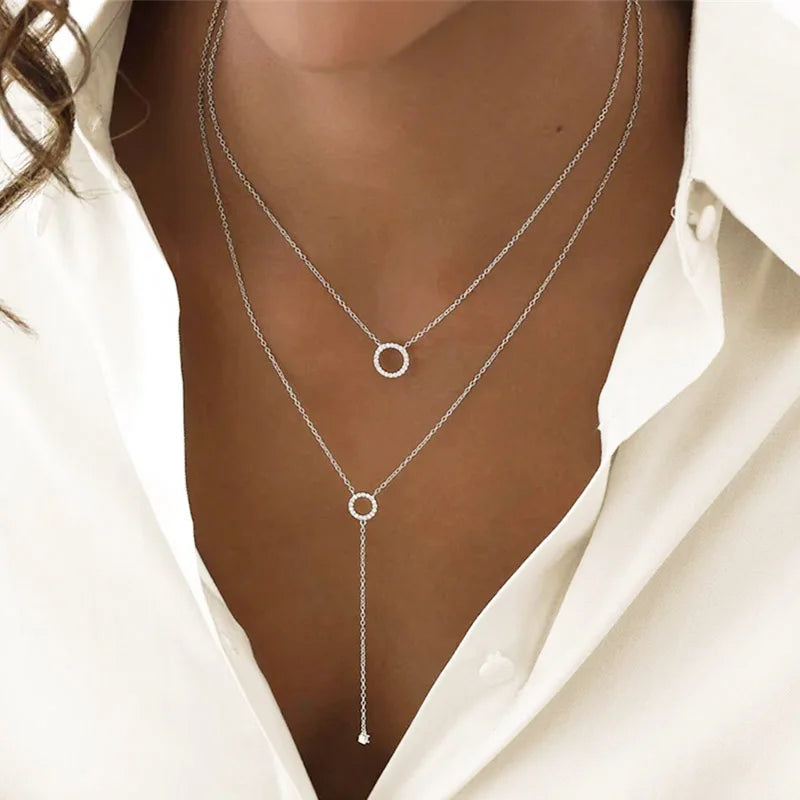 925 Sterling Silver Double-Deck Circle Zircon Pendant Long O-Chain