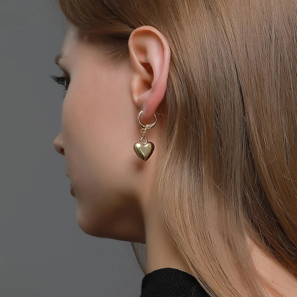 Glossy Gold Plated Metal Love Heart Dangle Earrings Necklace