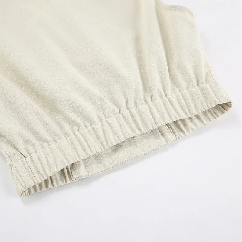 Khaki Linen Tank Tops Sleeveless V-neck Vest Crop