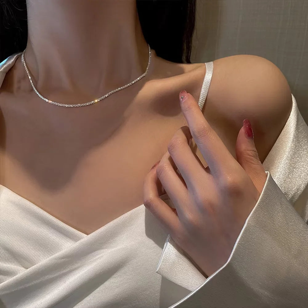 2pcs Set Shiny Sparkling Silver Plated Clavicle Chain Necklace Bracelet