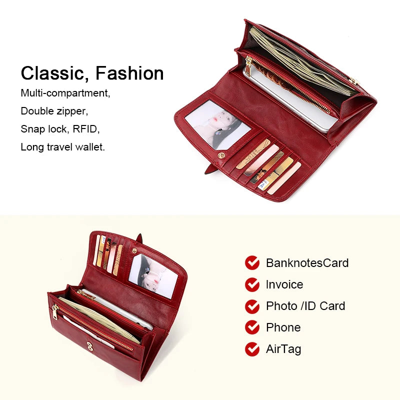 Women's Genuine Leather Wallet Classic Long Wallets with Zipper