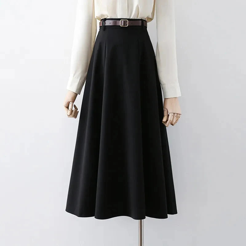 Vintage Belt Woolen Midi Skirt