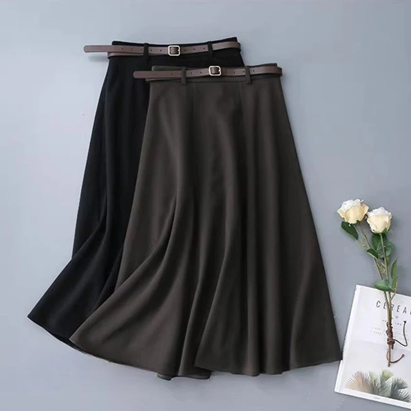 Vintage Belt Woolen Midi Skirt