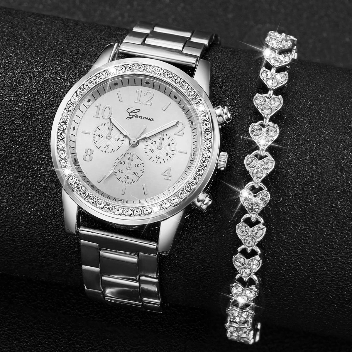 Silver Steel Band Analog Quartz Watches Bracelet Set
