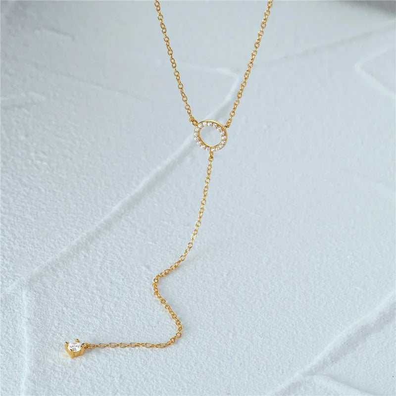 925 Sterling Silver Double-Deck Circle Zircon Pendant Long O-Chain