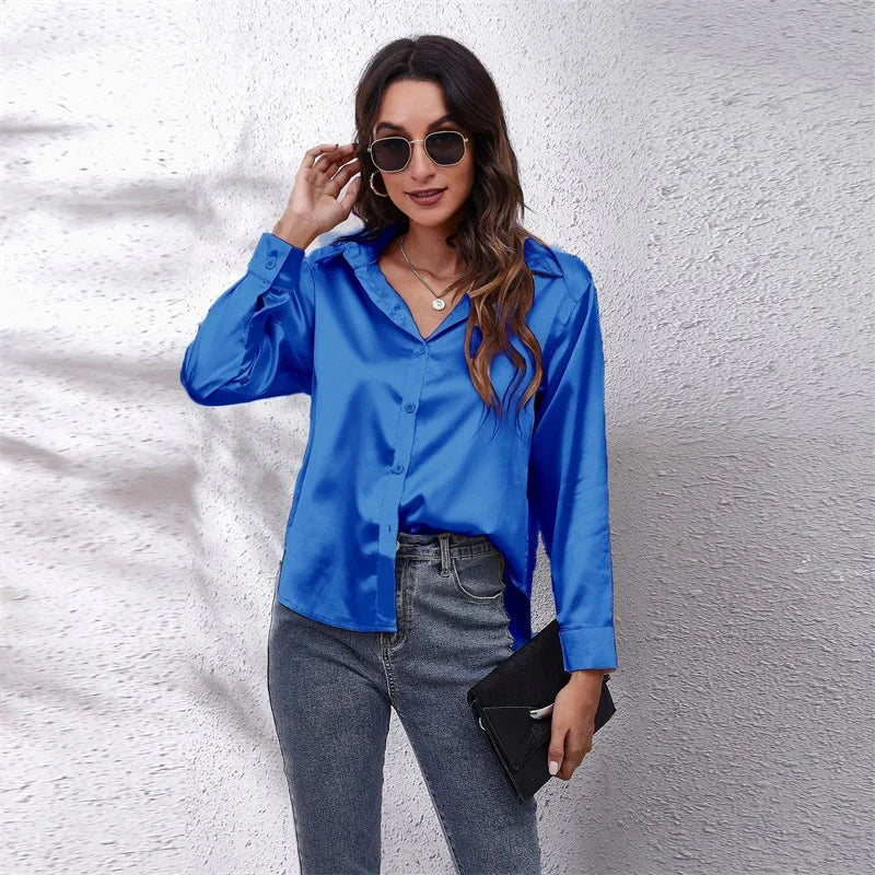 Spring Satin Shirt Women Loose Button Up Blouse