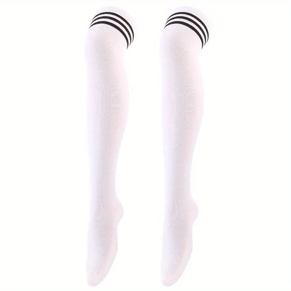 Striped Trim Thigh High Socks