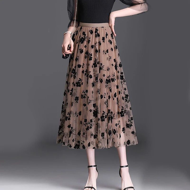 Floral Loose Midi Skirt Elegant Mesh Skirts