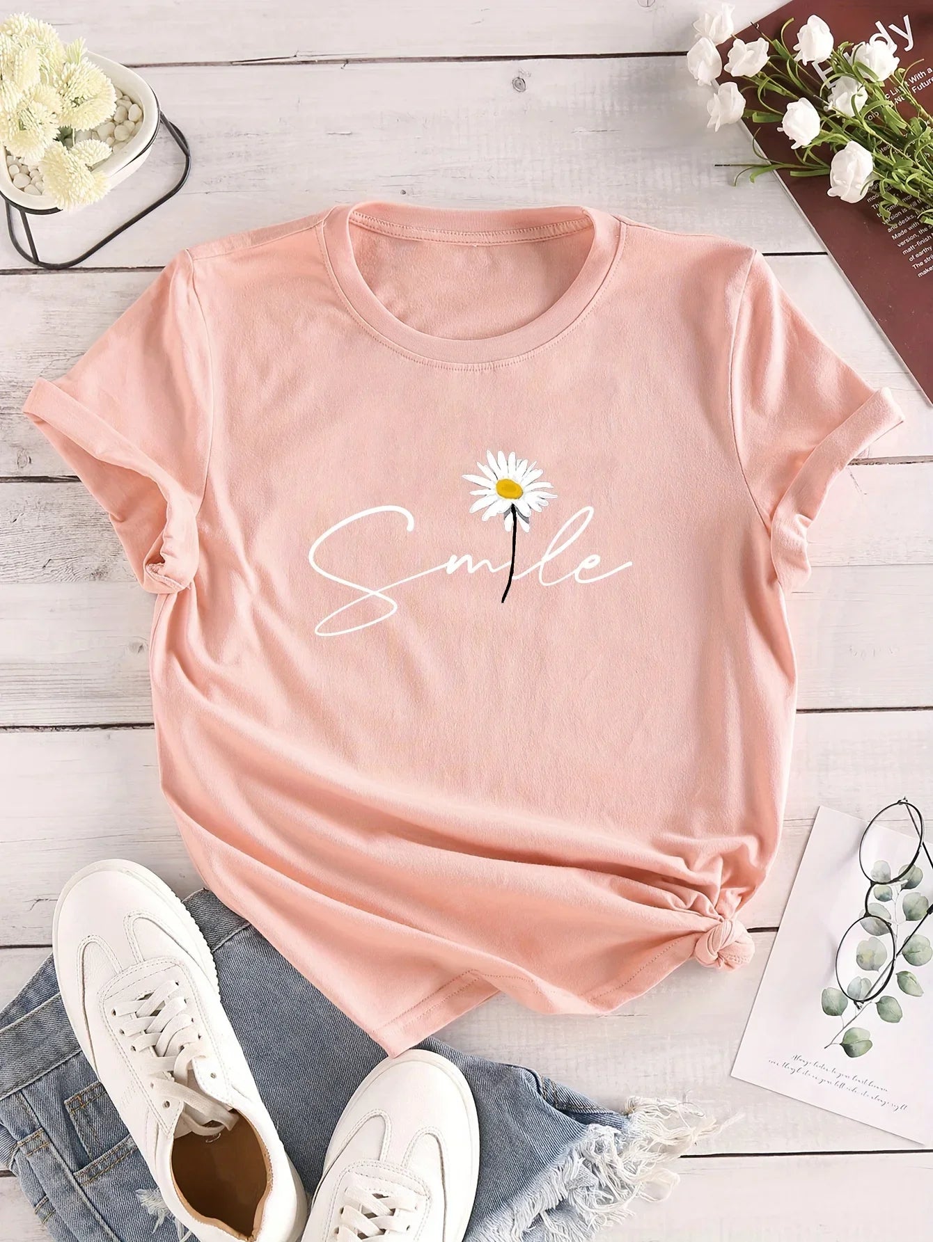 Flower & Letter Print Crew Neck T-Shirt